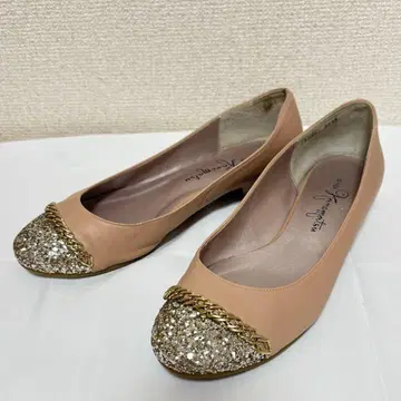 새상품급 긴자 카네마츠 플랫 펌프스 가죽 글리터 핑크 베이지 23.5