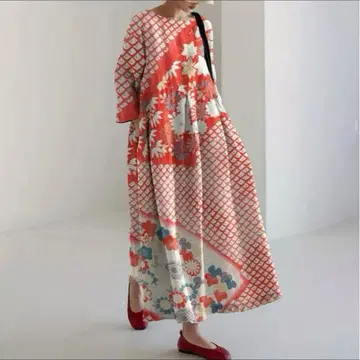 일본풍 패턴 꽃무늬 롱 원피스