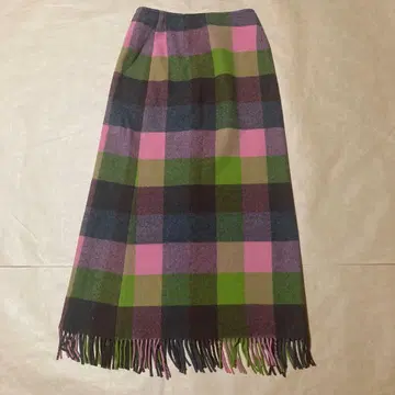 [베일 엘르] 그린과 핑크 체크 무늬 랩 스커트 프린지 스커트
