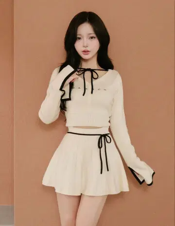 darich 다리치 허리 오픈 리본 디자인 니트 미니 원피스