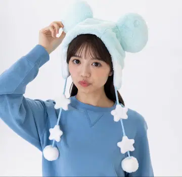 미키 모양 귀 달린 스카이블루 모자 한 번 착용