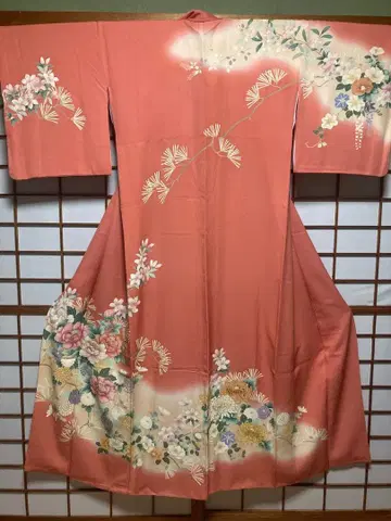 쇼와 레트로 순수 실크 호몬기 꽃무늬 핑크 화장 65 기장 164