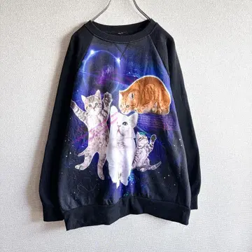 미국 빈티지 의류 애니멀 고양이 갤럭시 우주 패턴 동물 블랙 2XL