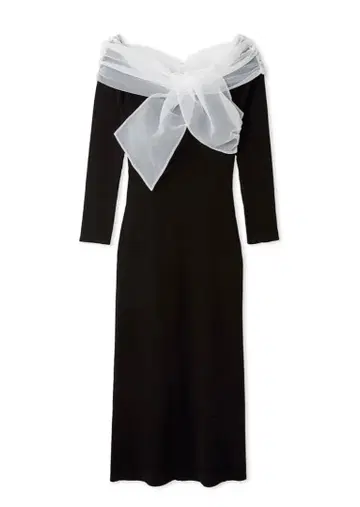 [ FRAY I.D ] 오프숄더 콤비 리본 리브 니트 원피스