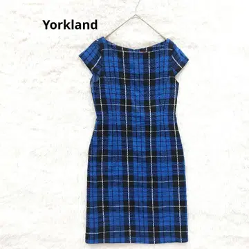 요크랜드 타탄 체크 원피스 M 블루 반팔 스퀘어넥