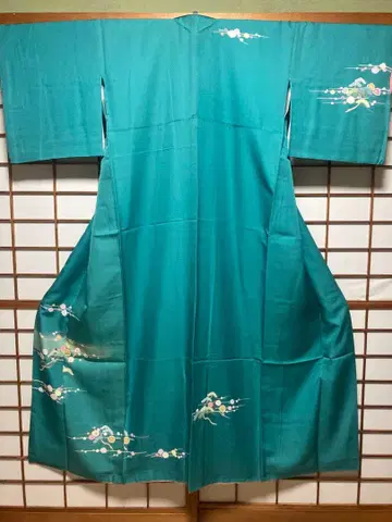 쇼와 레트로 터콰이즈 기모노 꽃무늬 화장 67 기장 164