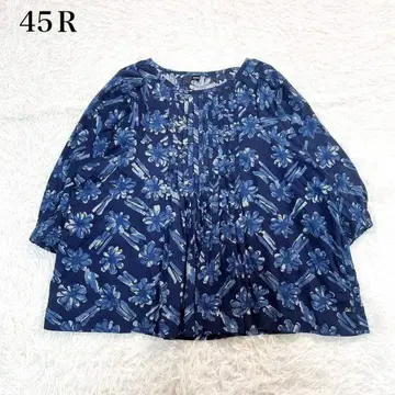 새상품급 45R 꽃무늬 턱 블라우스 인디고 네이비 나염 루즈핏 현행 긴팔