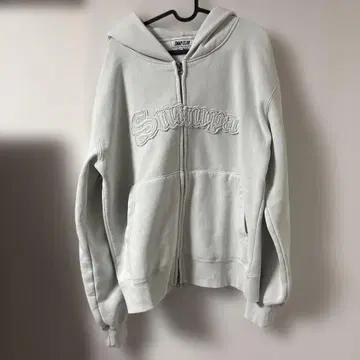 빈티지 가공 데미지 패치 로고 더블 지퍼 후드티/화이트