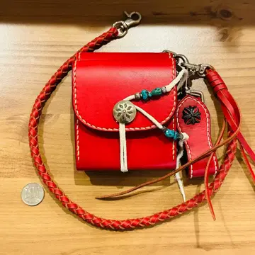 빨간색 가죽 접이식 지갑 스트랩 포함