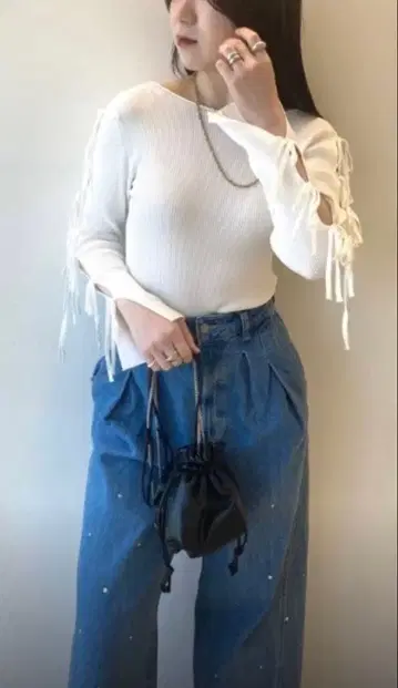 SNIDEL 스나이델 홀 디자인 니트 풀오버 리본 화이트