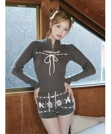 다리치 Darich 스티치 리본 오픈 니트탑 그레이 프리