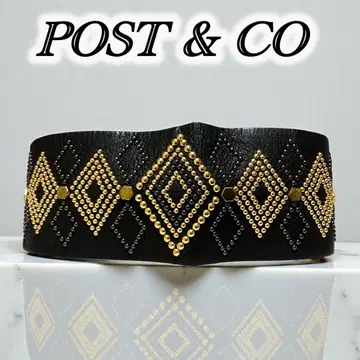 POST&CO 스터드 가죽 와이드 벨트 블랙 x 골드 이탈리아제 통 벨트