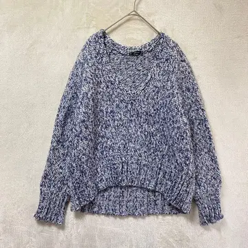 ZARA/V넥 니트 스웨터/루즈핏/앞뒤 언발/블루/화이트/M