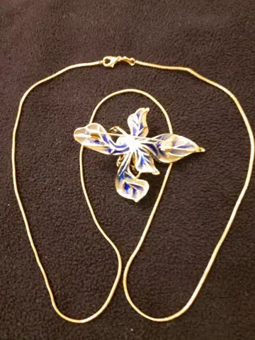 파랑과 골드 컬러 꽃 모양 브로치 & 목걸이