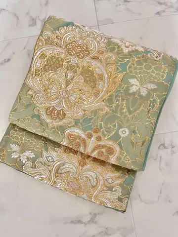 [ 후쿠로 오비 ] 그린 금 보타니컬 같은 패턴 럭셔리 [ 순수 실크 ]