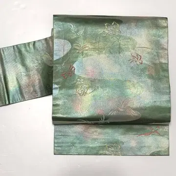 나고야 오비 순수 실크 니시진 비단 금박 중고 그린 새 so183