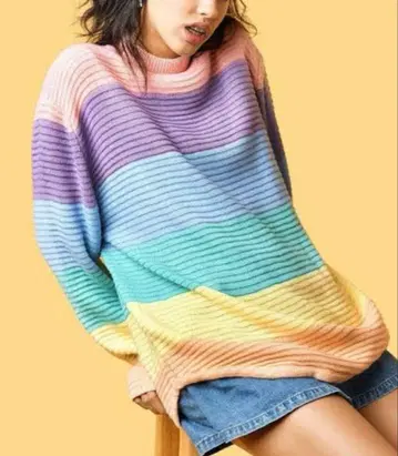 UNIF 레인보우 니트 파스텔 스트라이프 하이넥 니트