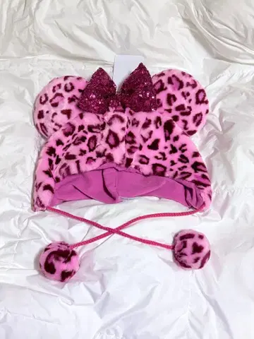 [ 택 포함 미사용 새상품 ] 미니 핑크 레오파드 무늬 팬캡 디즈니