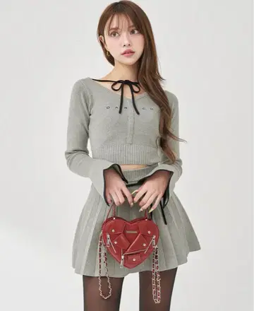 darich 허리 오픈 리본 디자인 니트 미니 원피스 FL GRY