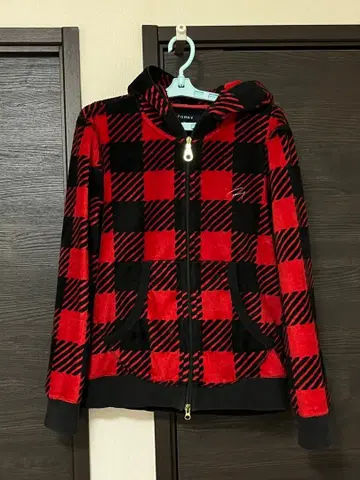 타미 플리스 풀 집업 블록 체크 빨간색 블랙 후드티 M