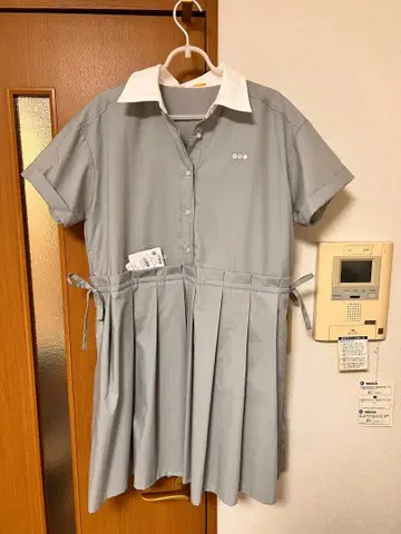 Fint 블루 그레이 반팔 무릎 기장 원피스 플리츠 스커트