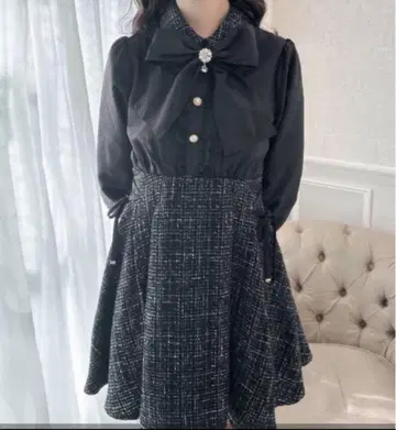 ROJITA 보타이 리본 트위드 도킹 원피스