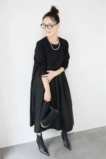 PLUS OTO.HA 플로키 도트 절개 원피스 블랙 새상품