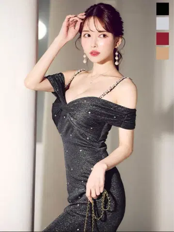 JEWELS 오프숄더 스팽글 타이트 드레스 블랙