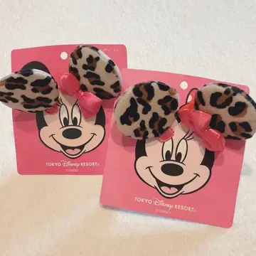 디즈니 미니 레오파드 무늬 리본 헤어핀 똑딱핀 세트
