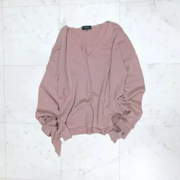 띠어리 캐시미어 혼방 리본 슬리브 V넥 니트 L 더스티 핑크