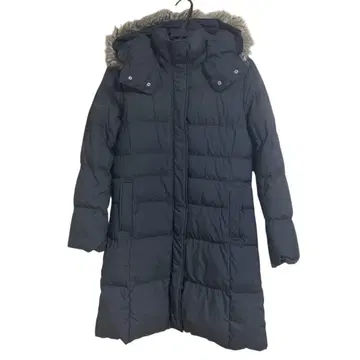 네이비 후드 부착 롱 다운 자켓