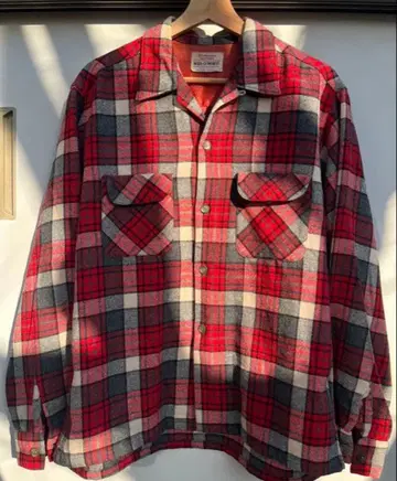 50s 60s 빈티지 플란넬 셔츠 체크 무늬 오픈 카라 울