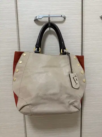 가죽 핸드백 베이지 빨간색 콤비