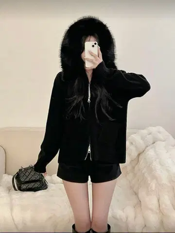 여성용 퍼 칼라 후디드 니트 가디건, 루즈핏 가을 아우터