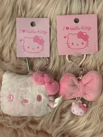 키티 페이스 모양 마스코트 홀더 리본 키링 핑크