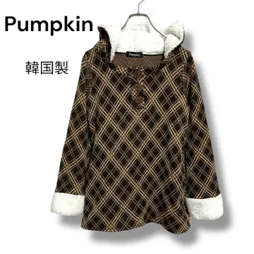 Pumpkin 체크 무늬 보아 후드 니트 풀오버 성숙 큐트