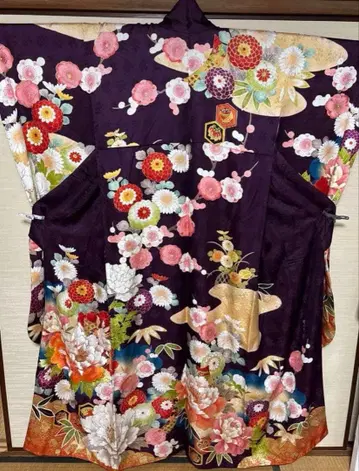 보라색 고전 패턴 꽃 후리소데 기장 162