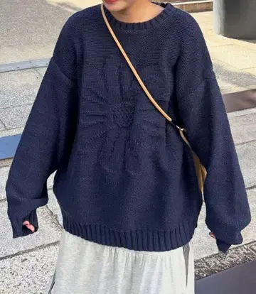 CPCM 동일 컬러 꽃 패턴 자카드 니트 네이비 M