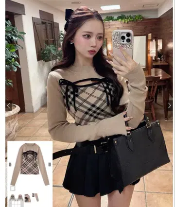 체크 무늬 프론트 오픈 리본 니트탑[ru1374]