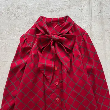 쇼와 레트로 빅 리본 포함 레드 체크 긴팔 롱 원피스 프리 사이즈