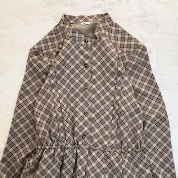 쇼와 레트로*브라운 체크 무늬 긴팔 롱 원피스*고급 스탠드 카라 13호