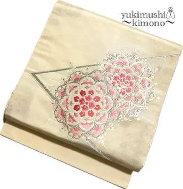 ZZ614 나고야 오비 나고야 제직 크림색 핑크 356cm 원 포인트