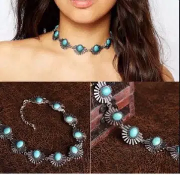 새상품 터콰이즈 플라워 모티브 초커