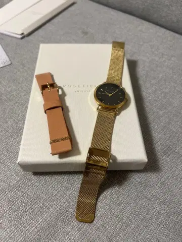 ROSEFIELD 손목시계 골드 x 블랙 핑크 가죽 벨트 부속 세트