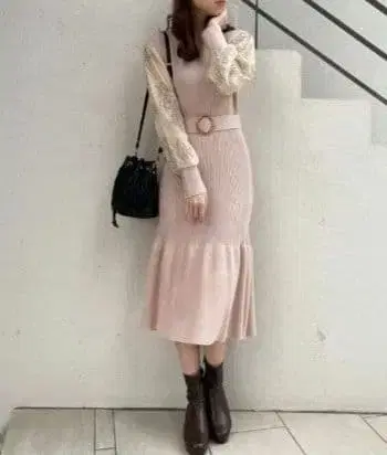 마제스틱 레곤 레이스 슬리브 머메이드 원피스 핑크