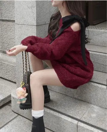 원 숄더 벨로아 리본 니트 미니 원피스 [dr796] 보르도