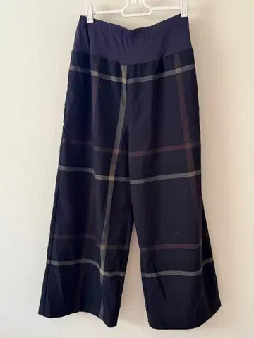 네이비 체크 무늬 와이드 팬츠