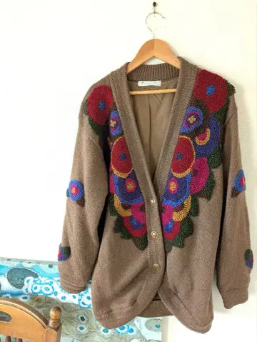 쇼와 레트로 꽃무늬 자수 브라운 가디건 M