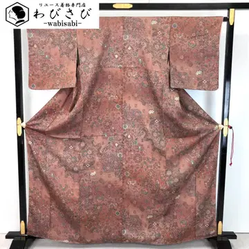 코몬 교유젠 유젠 코소데 꽃무늬 금채 오비 홍색 시쓰케 실 K-5186