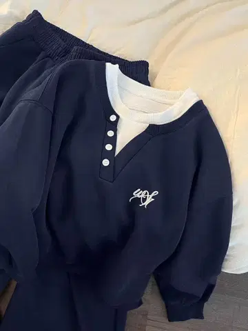 네이비 버튼 헨리넥 룸웨어 세트